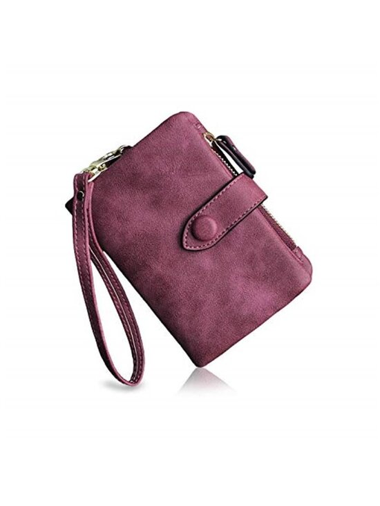 Windsor Flat Zip Wallet | Full grain leather, sleek and  Wine Red RFID Bifold Wristlet Wallet 16 Card Slots ID Window Zipper Coin PU